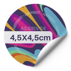 Adesivo 4,5cm - Papel Couchê Adesivo de papel couchê 4,5x4,5cm 4x0 Sem verniz Redondo Entregue em cartelas